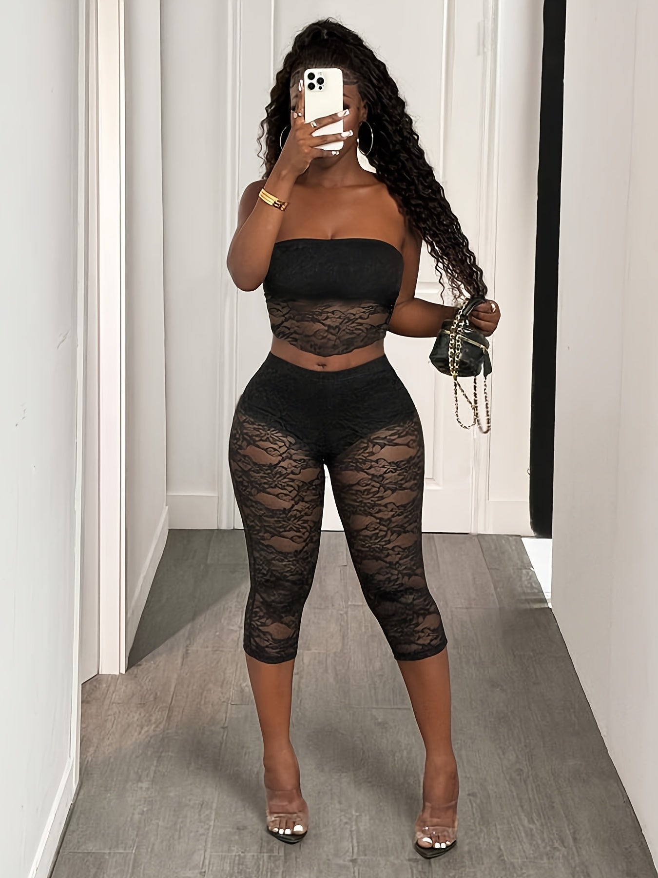 Ladies' Lace Stylish Sexy Strapless Top & 3/4 Length Fitted Lace Leggings Two-Piece Set